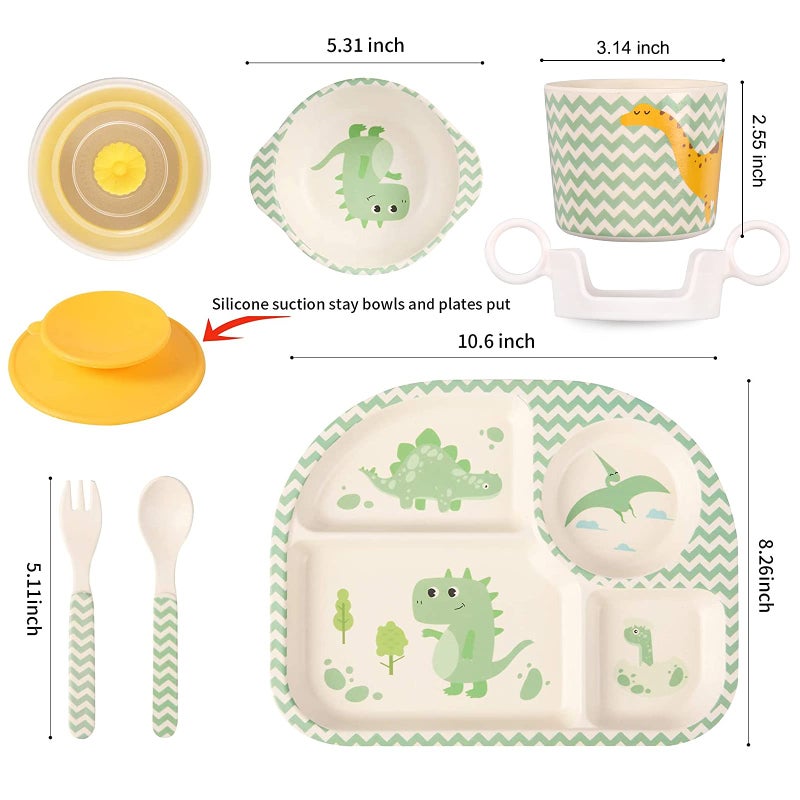 shopwithgreen 7Pcs/Set Bamboo Kids Dinnerware Set - Children Dishes - Food Plate Bowl Cup Spoon Fork Set Dishware, Cartoon Tableware, Dishwasher Safe Kids Healthy Mealtime, BPA Free - Image 2